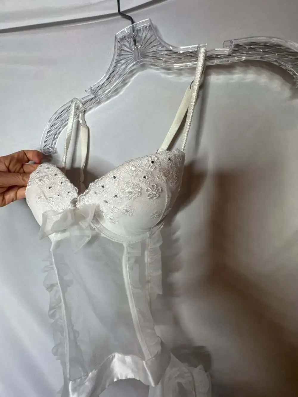 Victoria's Secret White Rhinestone Embroidered Mesh Corset Teddy. Size 34C.